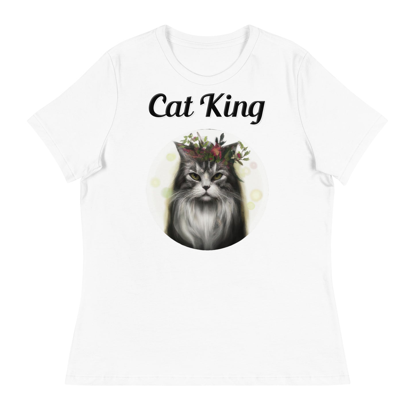 Women's White T-Shirt with text Wispy Haired Cat With Flowers with a text "Cat King" at $25.97 found at Personalizedpetlovergifts