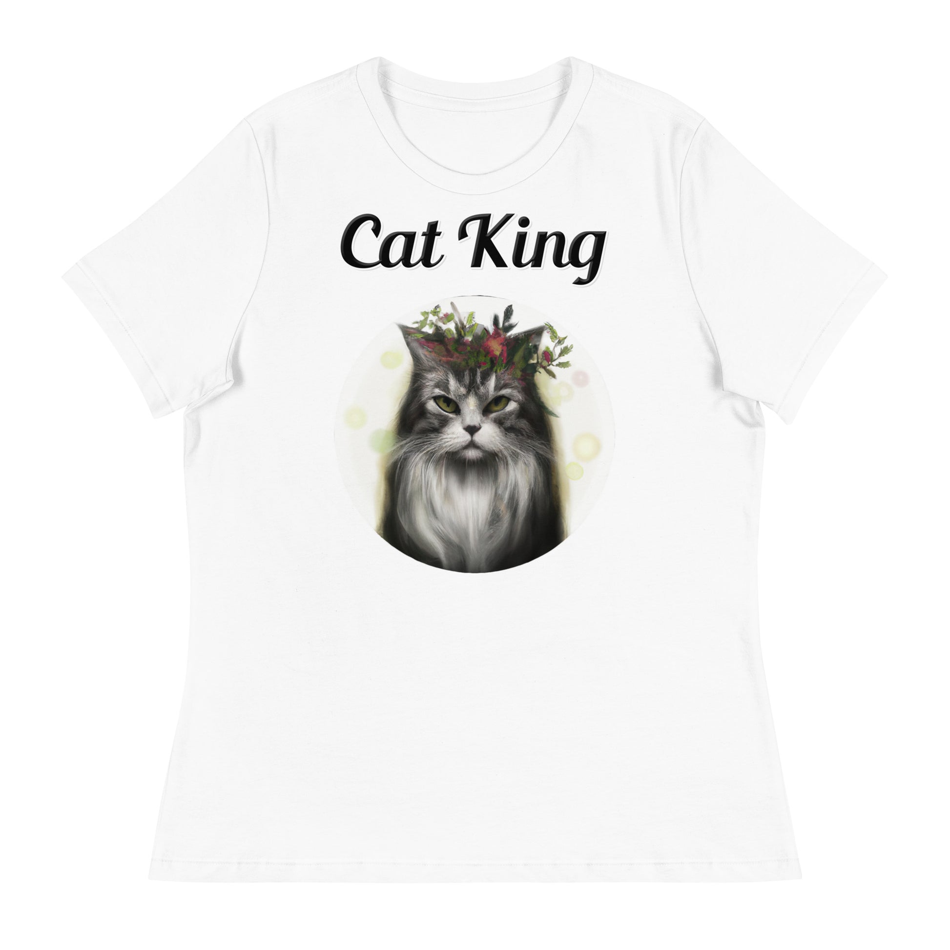 Women's White T-Shirt with text Wispy Haired Cat With Flowers with a text "Cat King" at $25.97 found at Personalizedpetlovergifts