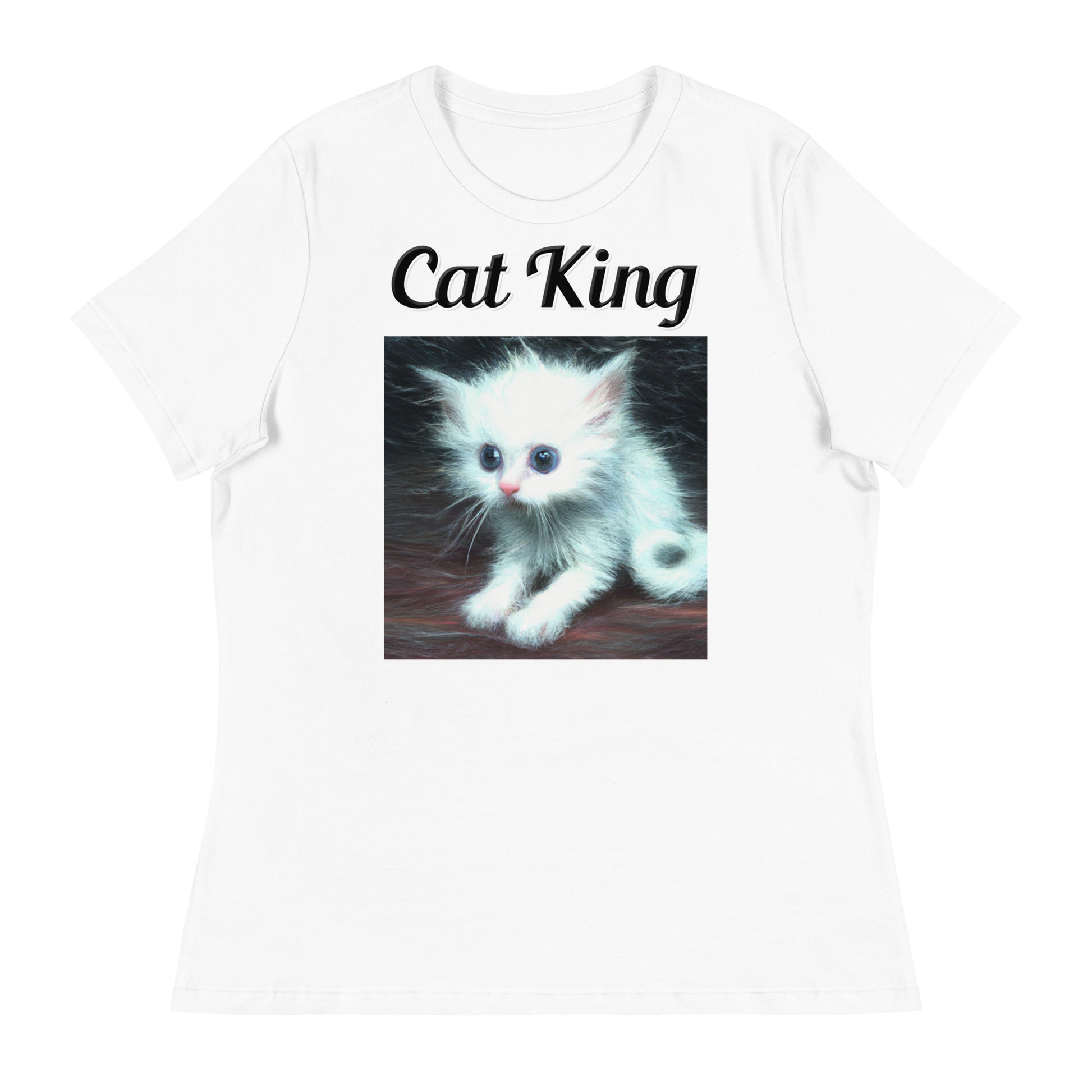 Women's White T-Shirt with text Wispy Furred Kitten with a text "Cat King" at $25.97 found at Personalizedpetlovergifts