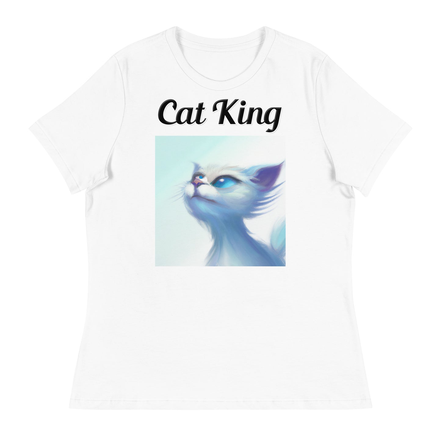 Women's White T-Shirt with text White Wind Swept Kitten With Blue Eyes with a text "Cat King" at $25.97 found at Personalizedpetlovergifts