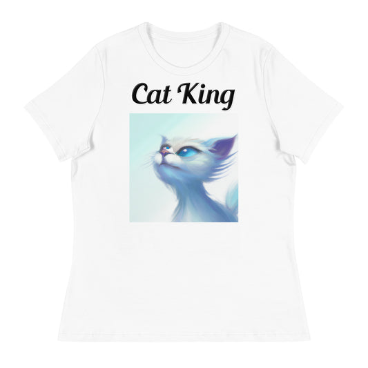 Women's White T-Shirt with text White Wind Swept Kitten With Blue Eyes with a text "Cat King" at $25.97 found at Personalizedpetlovergifts