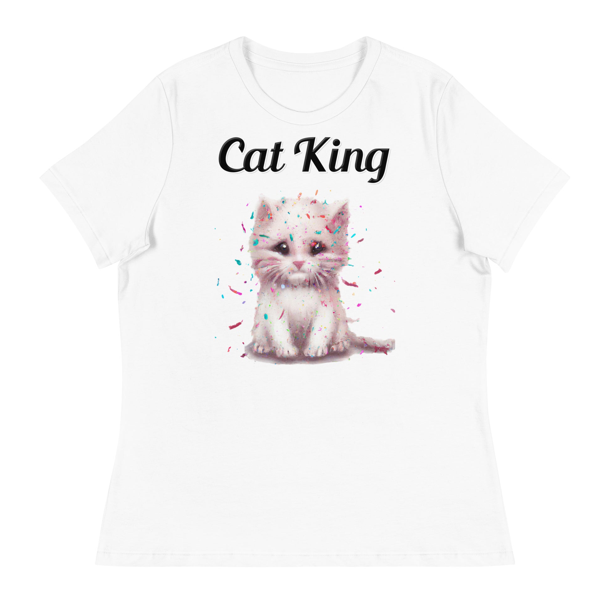 Women's White T-Shirt with text White Kitten With Confetti with a text "Cat King" at $25.97 found at Personalizedpetlovergifts