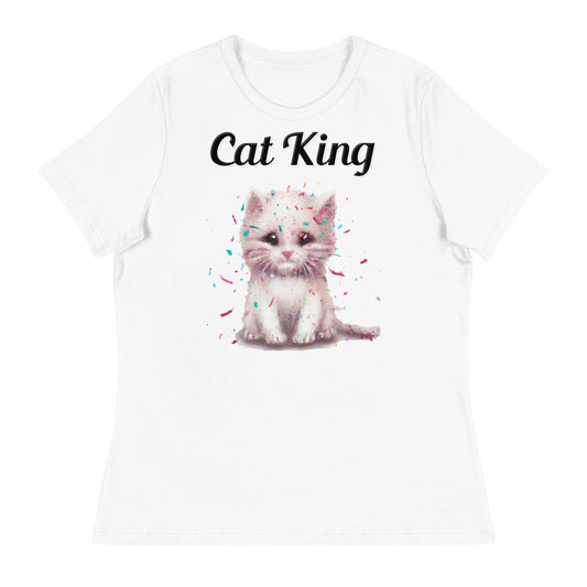 Women's White T-Shirt with text White Kitten With Confetti with a text "Cat King" at $25.97 found at Personalizedpetlovergifts