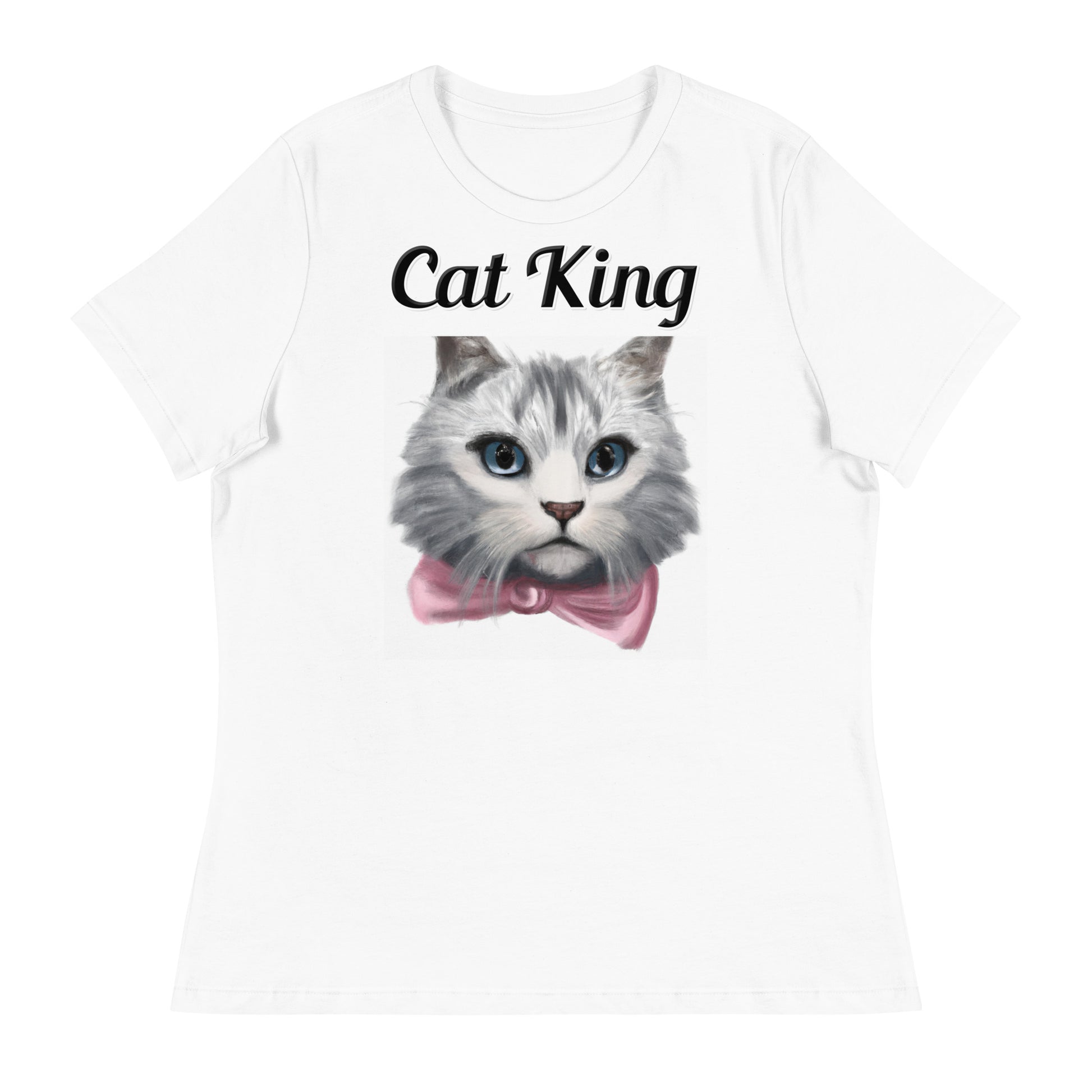 Women's White T-Shirt with text White Kitten With a Pink Bow with a text "Cat King" at $18 found at Personalizedpetlovergifts