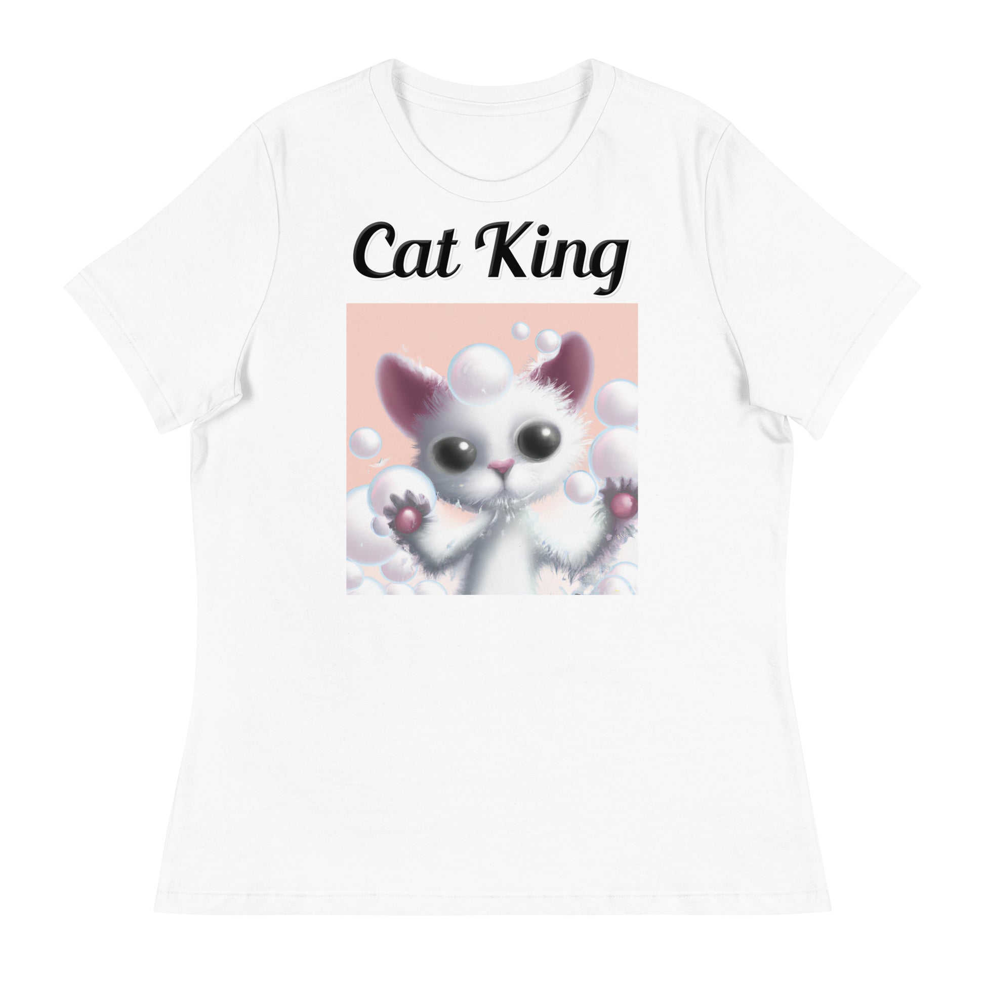 Women's White T-Shirt with text White Kitten Playing With Bubbles with a text "Cat King" at $18 found at Personalizedpetlovergifts