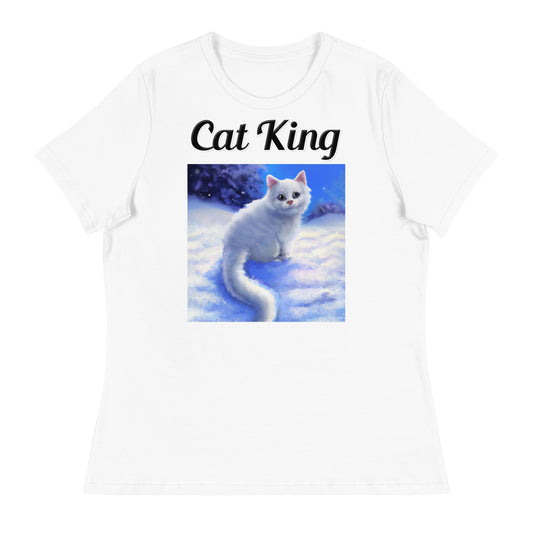 Women's White T-Shirt with text White Kitten In Winter with a text "Cat King" at $18 found at Personalizedpetlovergifts