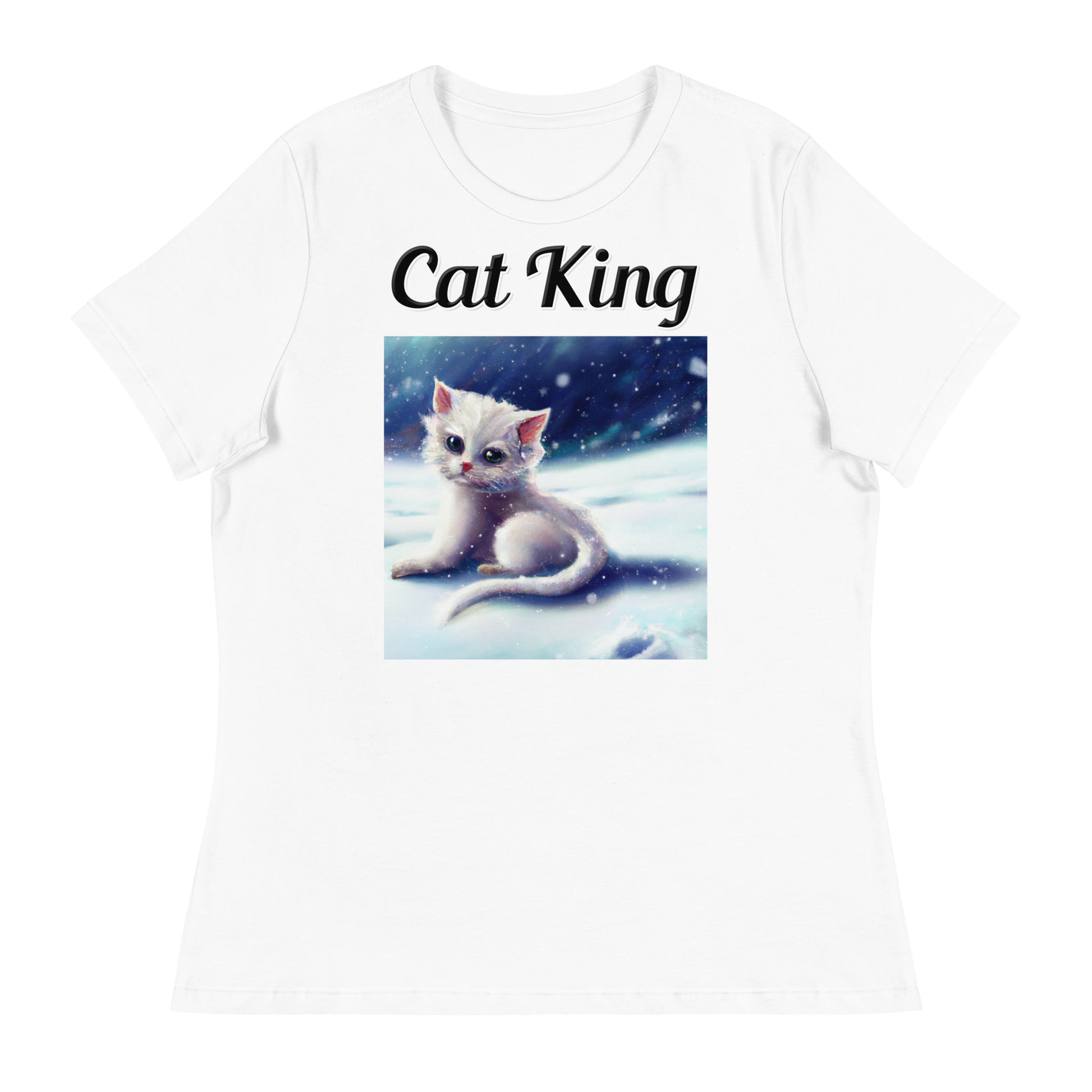 Women's White T-Shirt with text White Kitten In The Snow with a text "Cat King" at $18 found at Personalizedpetlovergifts