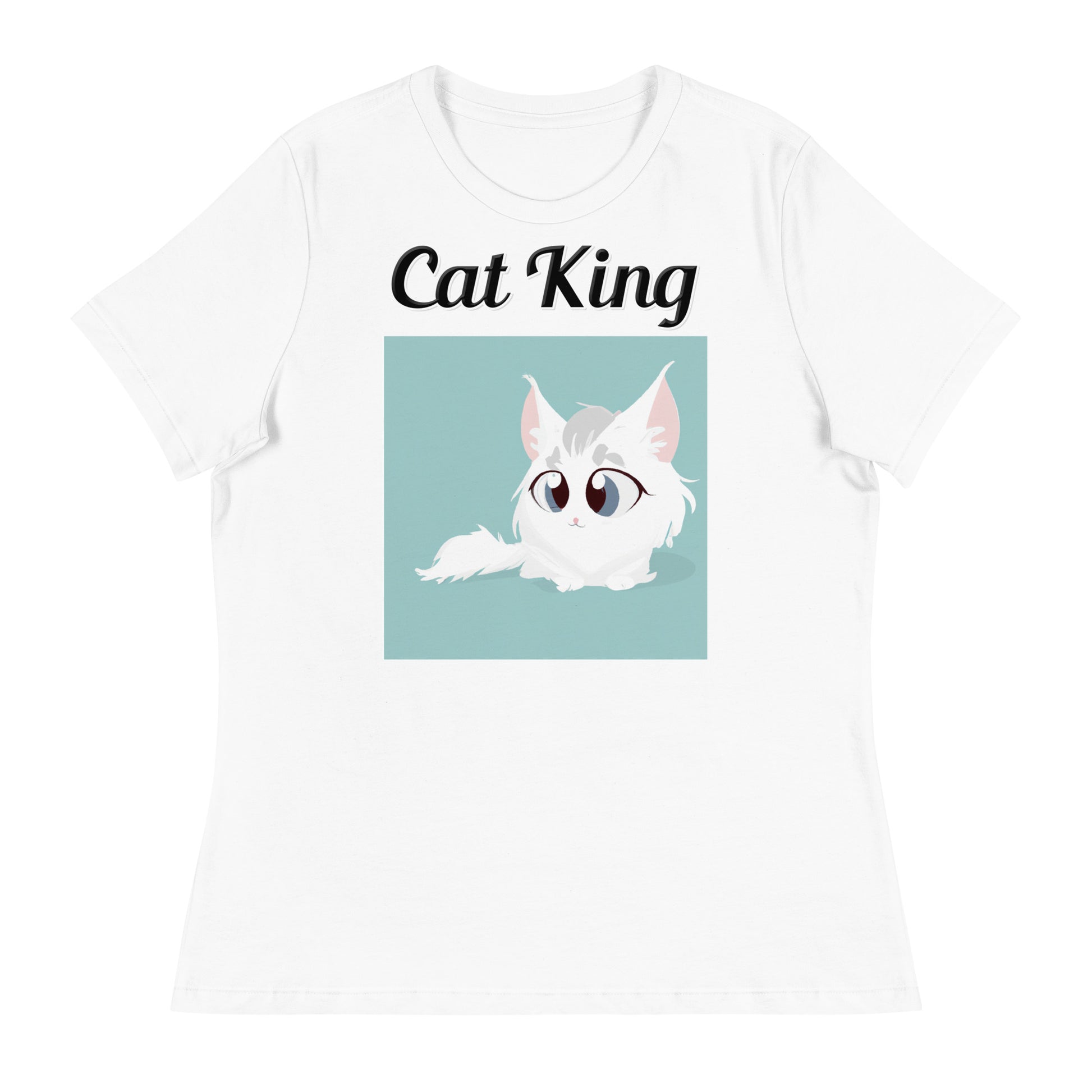 Women's White T-Shirt with text White Furball Kitten with a text "Cat King" at $18 found at Personalizedpetlovergifts