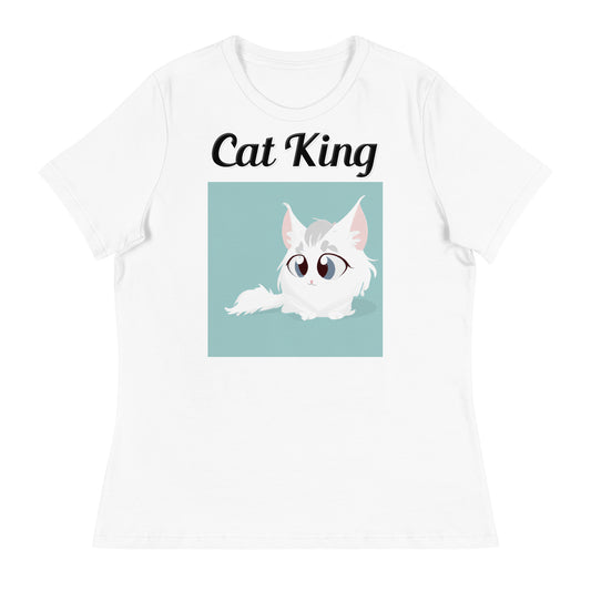 Women's White T-Shirt with text White Furball Kitten with a text "Cat King" at $18 found at Personalizedpetlovergifts