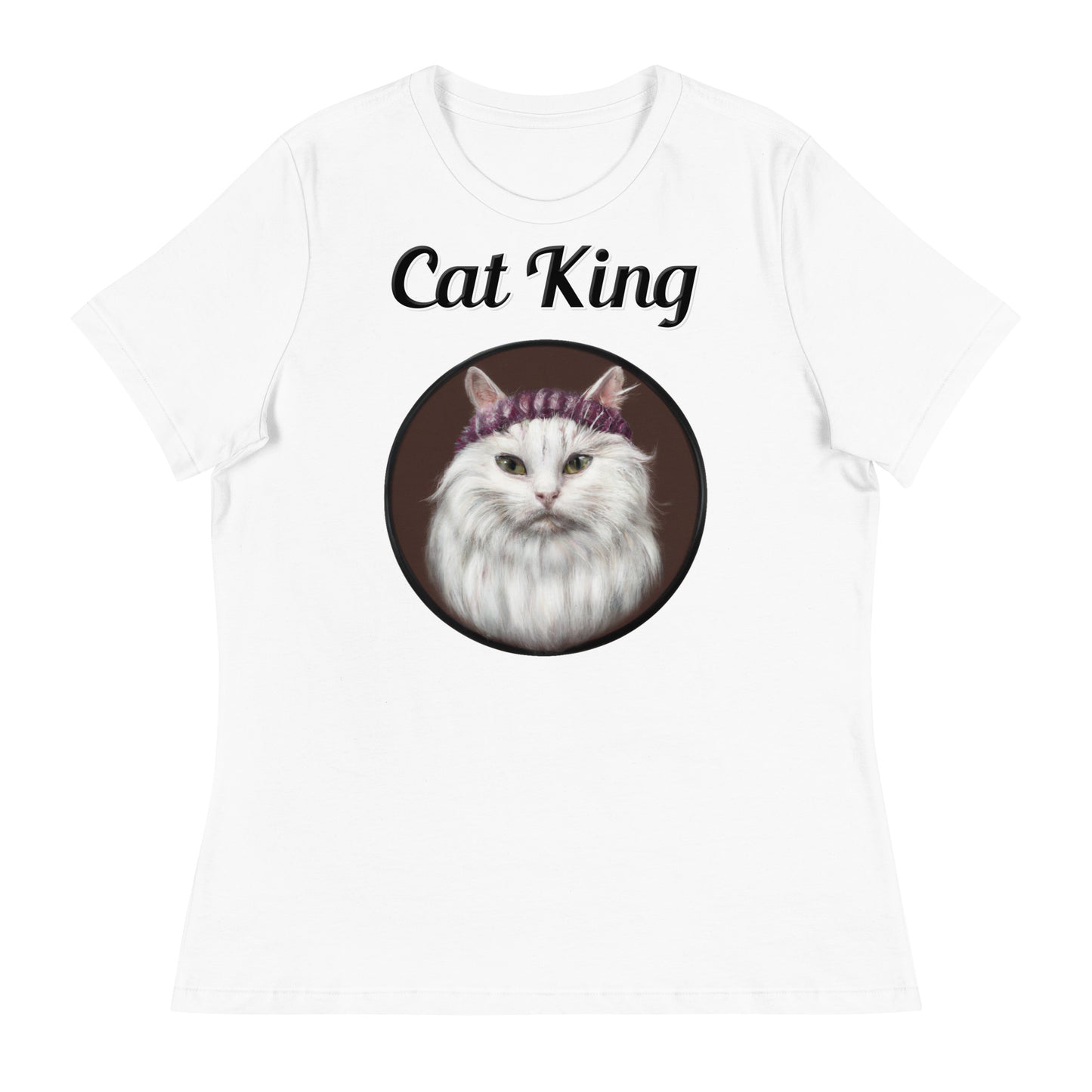 Women's White T-Shirt with text White Fluffy Kitten With a Knit Headband with a text "Cat King" at $18 found at Personalizedpetlovergifts