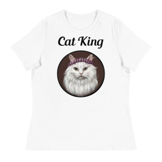 Women's White T-Shirt with text White Fluffy Kitten With a Knit Headband with a text "Cat King" at $18 found at Personalizedpetlovergifts