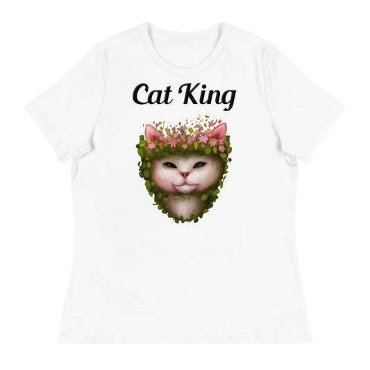 Women's White T-Shirt with text White Cat With Flowers with a text "Cat King" at $18 found at Personalizedpetlovergifts