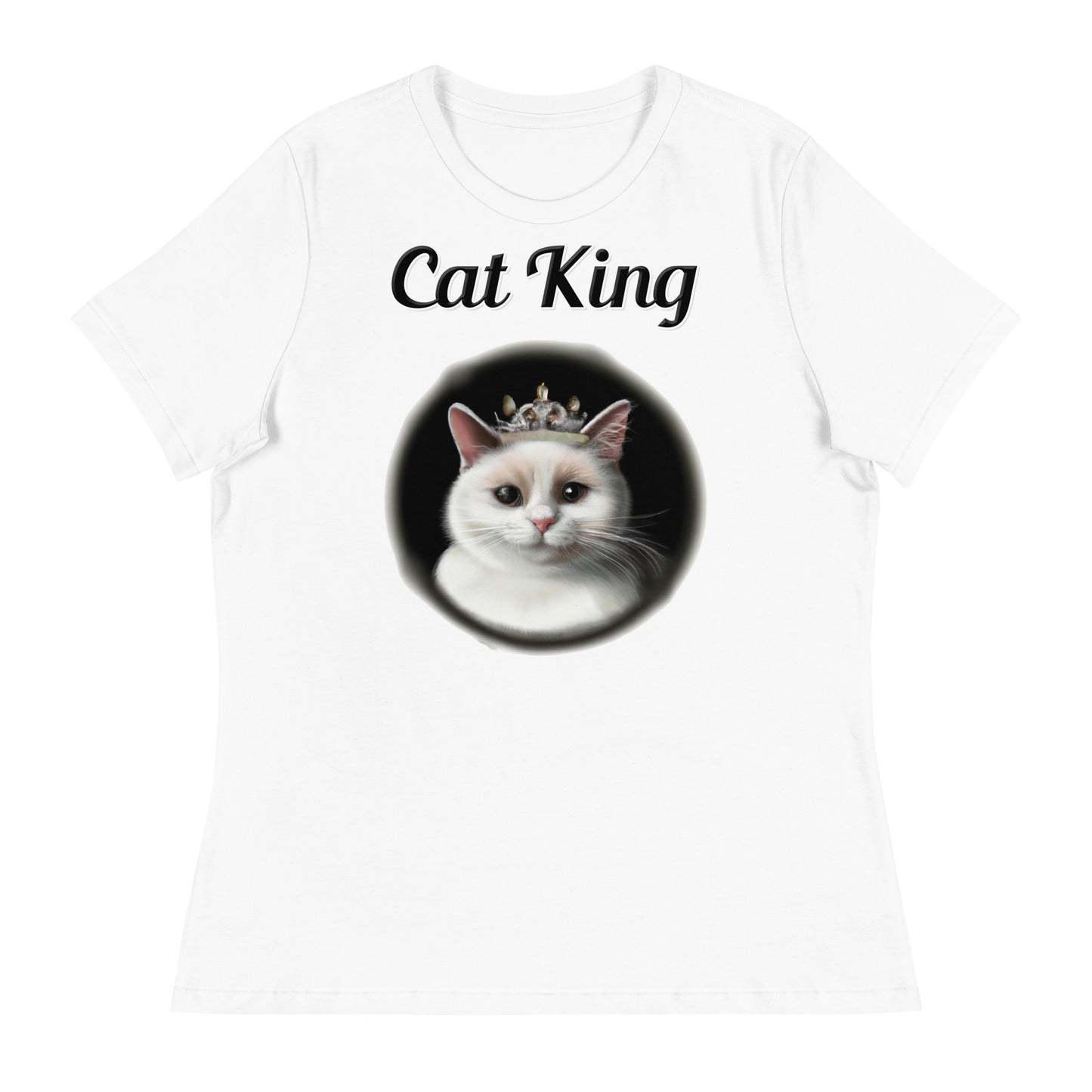 Women's White T-Shirt with text White Cat With a Tiara with a text "Cat King" at $18 found at Personalizedpetlovergifts