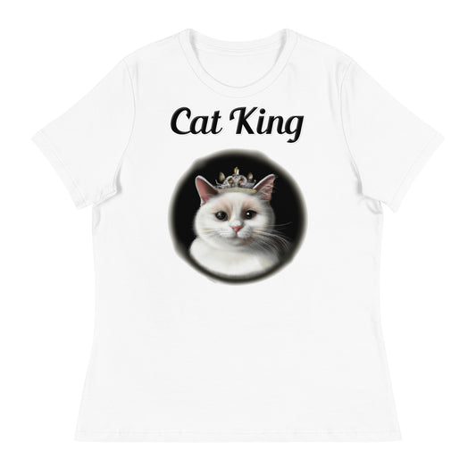 Women's White T-Shirt with text White Cat With a Tiara with a text "Cat King" at $18 found at Personalizedpetlovergifts