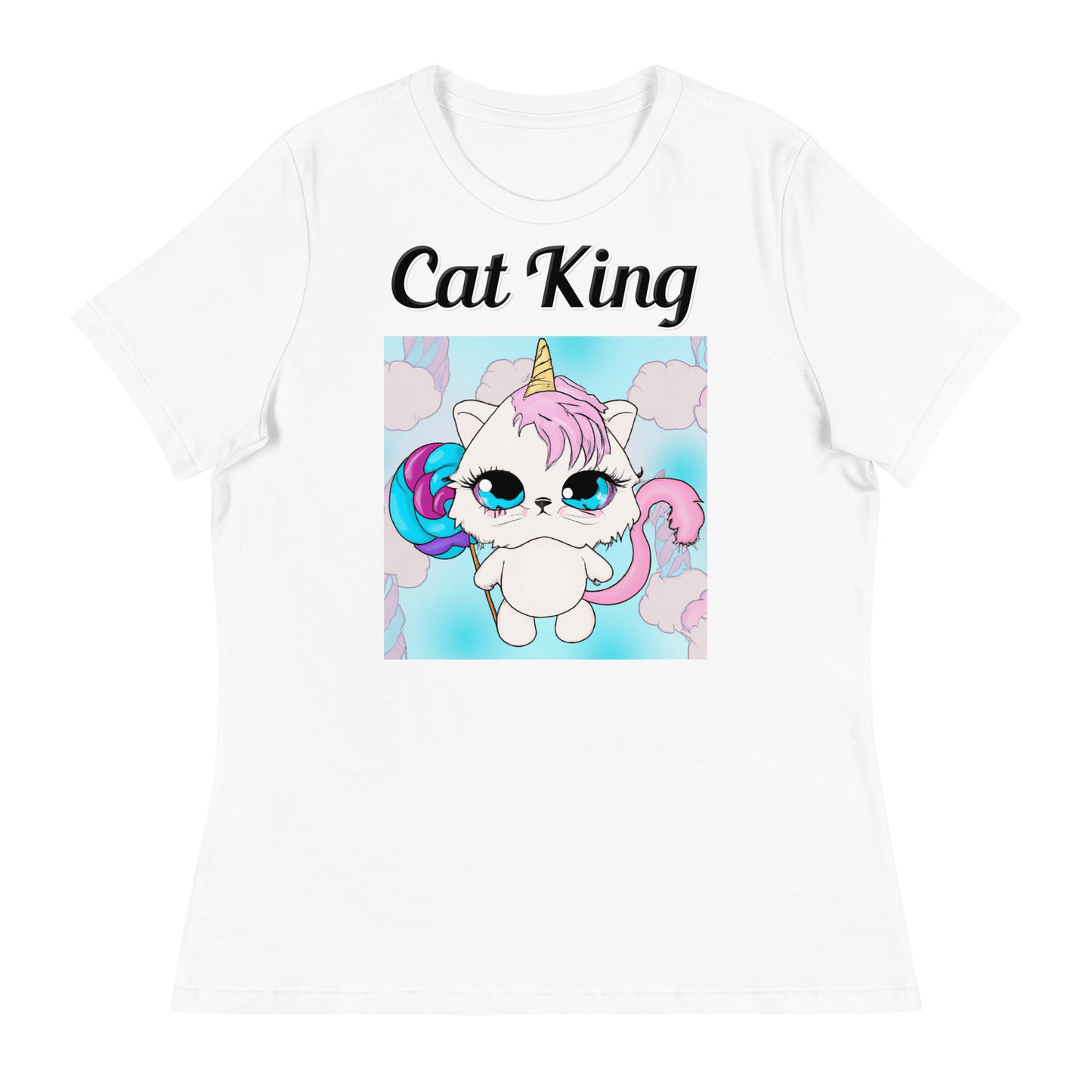 Women's White T-Shirt with text Unicorn Kitten With Lollipop with a text "Cat King" at $18 found at Personalizedpetlovergifts