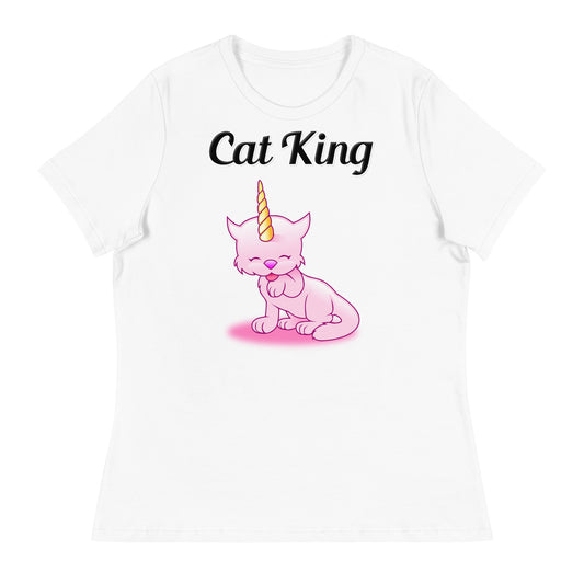 Women's White T-Shirt with text Unicorn Cat Licking Its Paw with a text "Cat King" at $18 found at Personalizedpetlovergifts