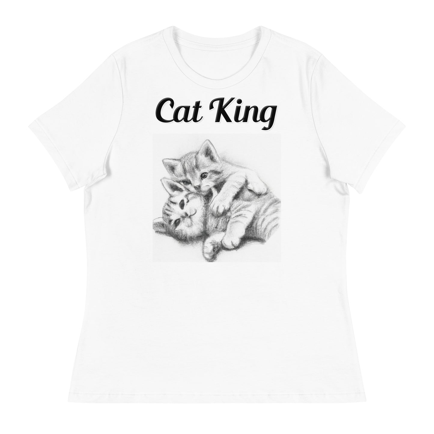 Women's White T-Shirt with text Two Cute Kittens Hugging Pencil Drawing with a text "Cat King" at $18 found at Personalizedpetlovergifts