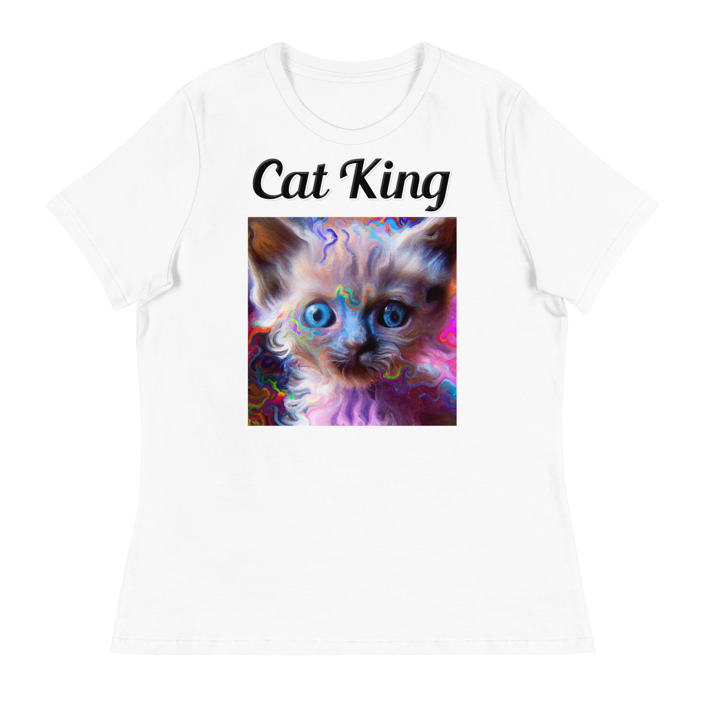 Women's White T-Shirt with text Trippy Kitten with a text "Cat King" at $18 found at Personalizedpetlovergifts