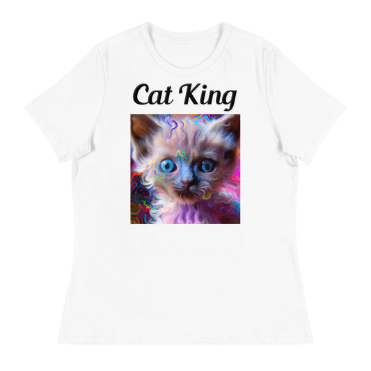 Women's White T-Shirt with text Trippy Kitten with a text "Cat King" at $18 found at Personalizedpetlovergifts