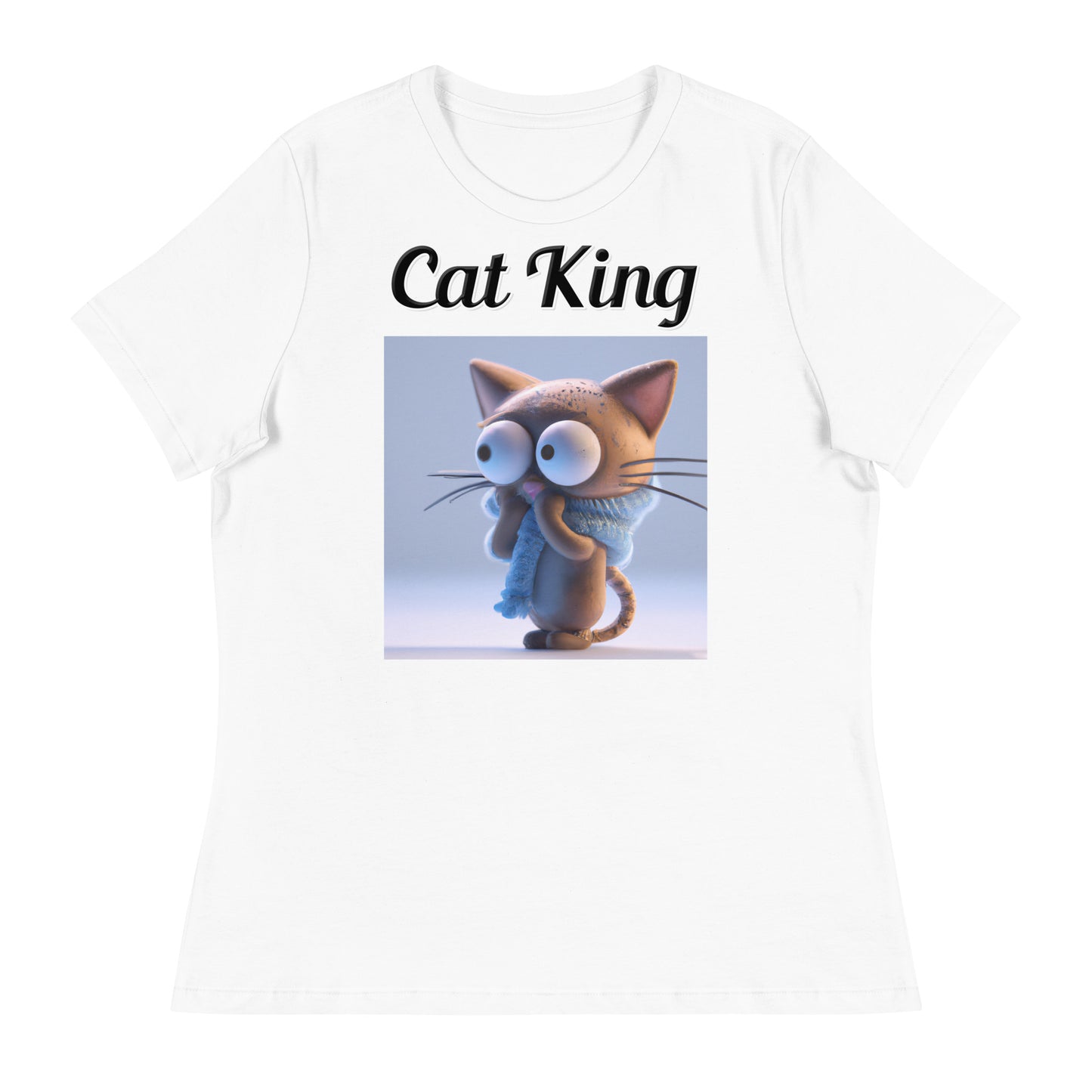 Women's White T-Shirt with text Surprised Kitten with a text "Cat King" at $18 found at Personalizedpetlovergifts