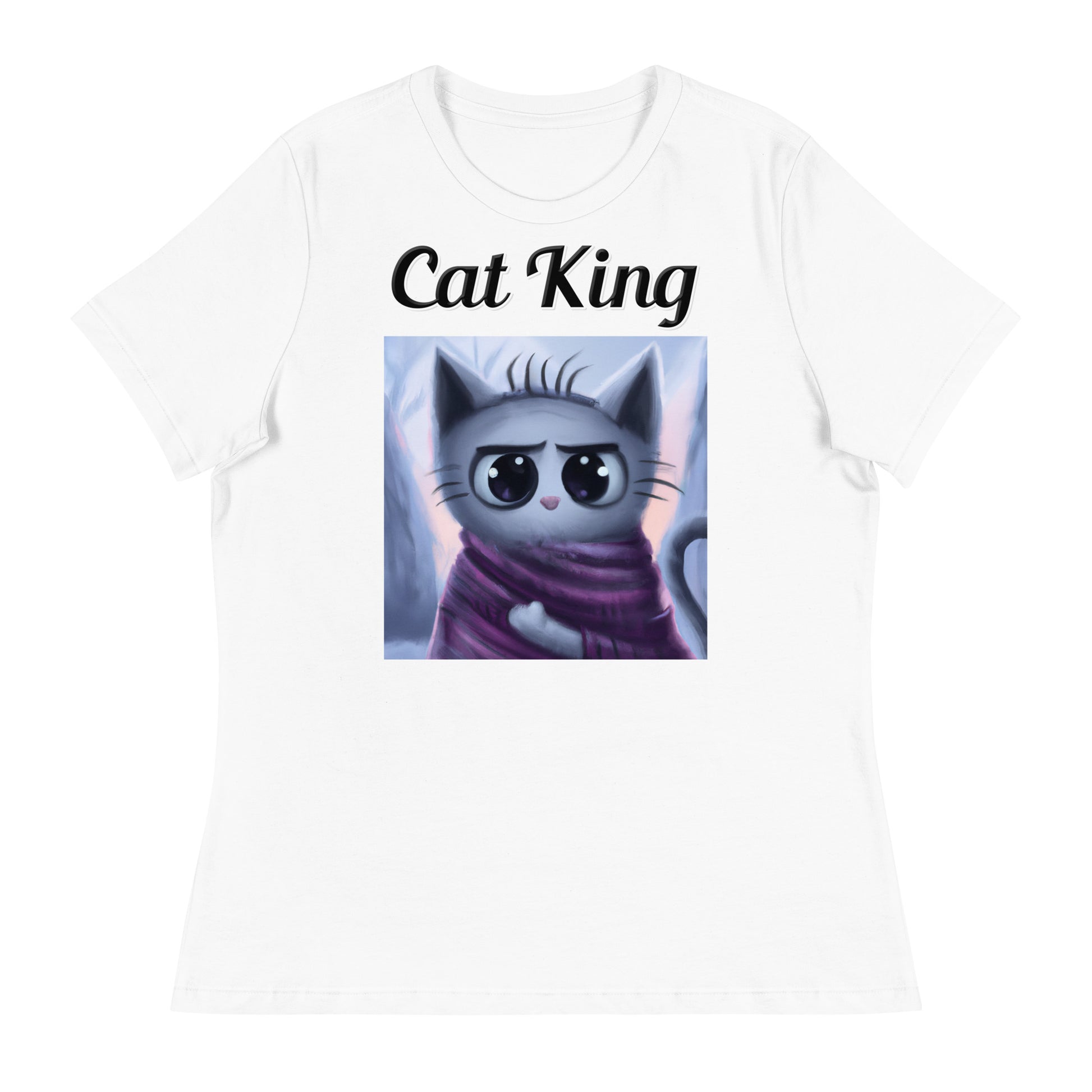 Women's White T-Shirt with text Surprised Kitten In A Shawl with a text "Cat King" at $18 found at Personalizedpetlovergifts