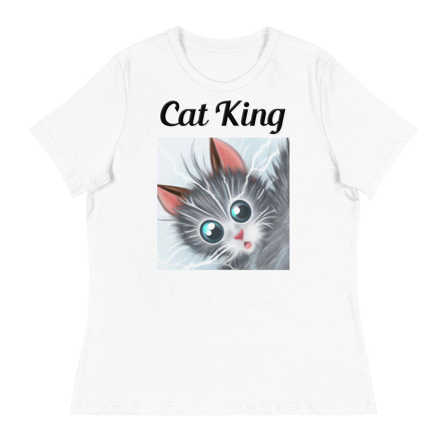 Women's White T-Shirt with text Surprised Gray Kitten with a text "Cat King" at $18 found at Personalizedpetlovergifts