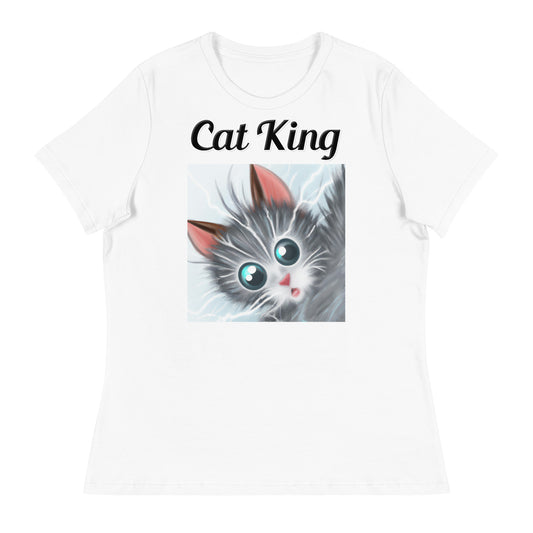 Women's White T-Shirt with text Surprised Gray Kitten with a text "Cat King" at $18 found at Personalizedpetlovergifts