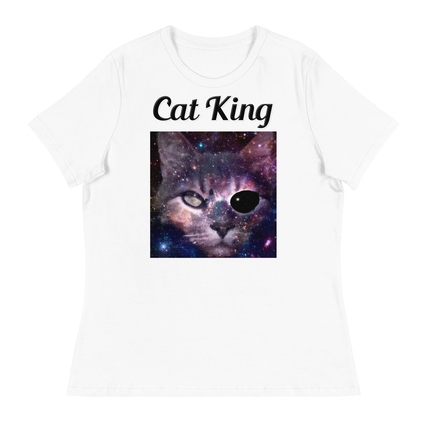 Women's White T-Shirt with text Space One Eyed Cat with a text "Cat King" at $18 found at Personalizedpetlovergifts