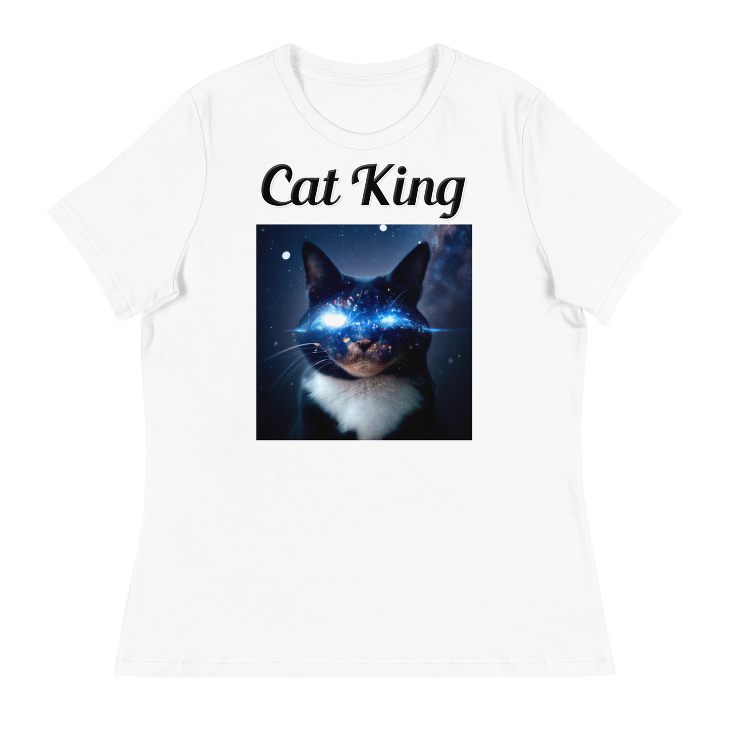 Women's White T-Shirt with text Space Eyed Cat with a text "Cat King" at $18 found at Personalizedpetlovergifts