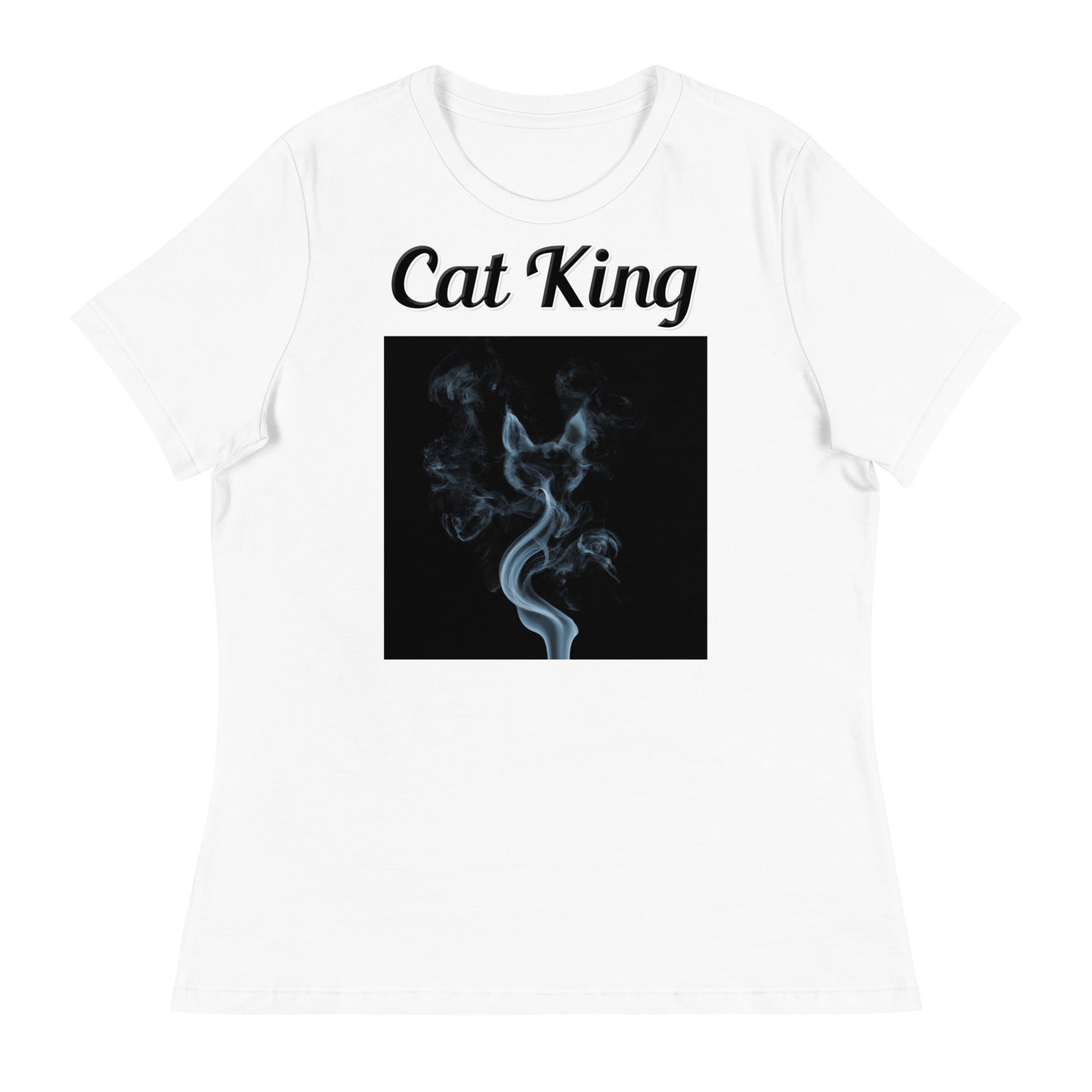 Women's White T-Shirt with text Smoke Shaped like A Cat with a text "Cat King" at $18 found at Personalizedpetlovergifts